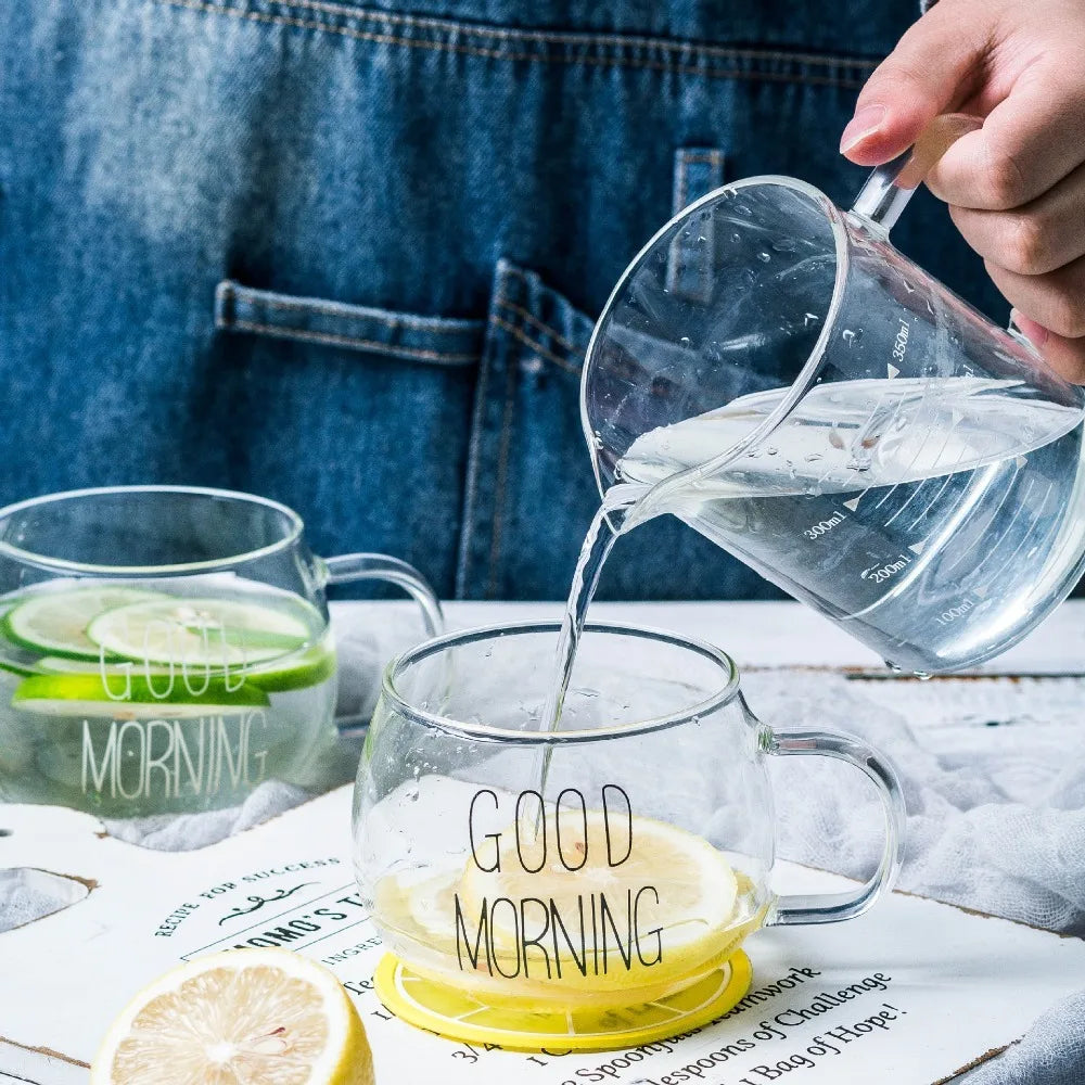 Taza de té y café de cristal creativa, taza con letras impresas de 350ml, bebidas, postre, desayuno, taza de leche, tazas de vidrio con asa, 1 ud.