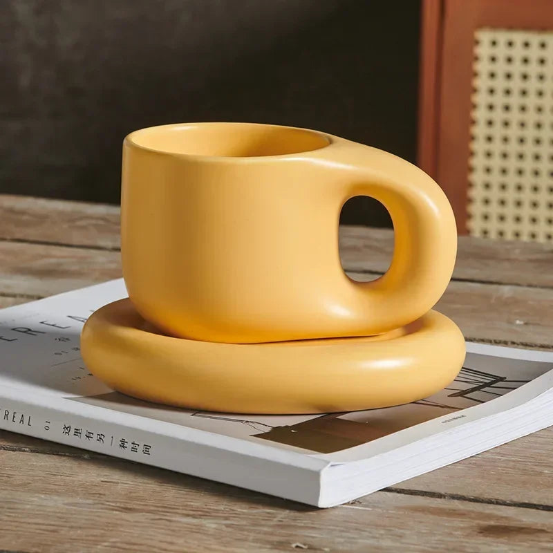 Juego de tazas de café de cerámica de 400ml, platillo con mango grueso, bonito y creativo, para decoración de la Oficina y la habitación del hogar, 1 Juego