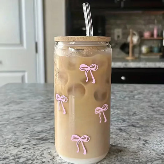 Taza de cristal con lazo bonito de 500ml, botella de agua con patrón de oso, tazas de café con tapas, cepillo de paja, regalo de fiesta del Día de San Valentín