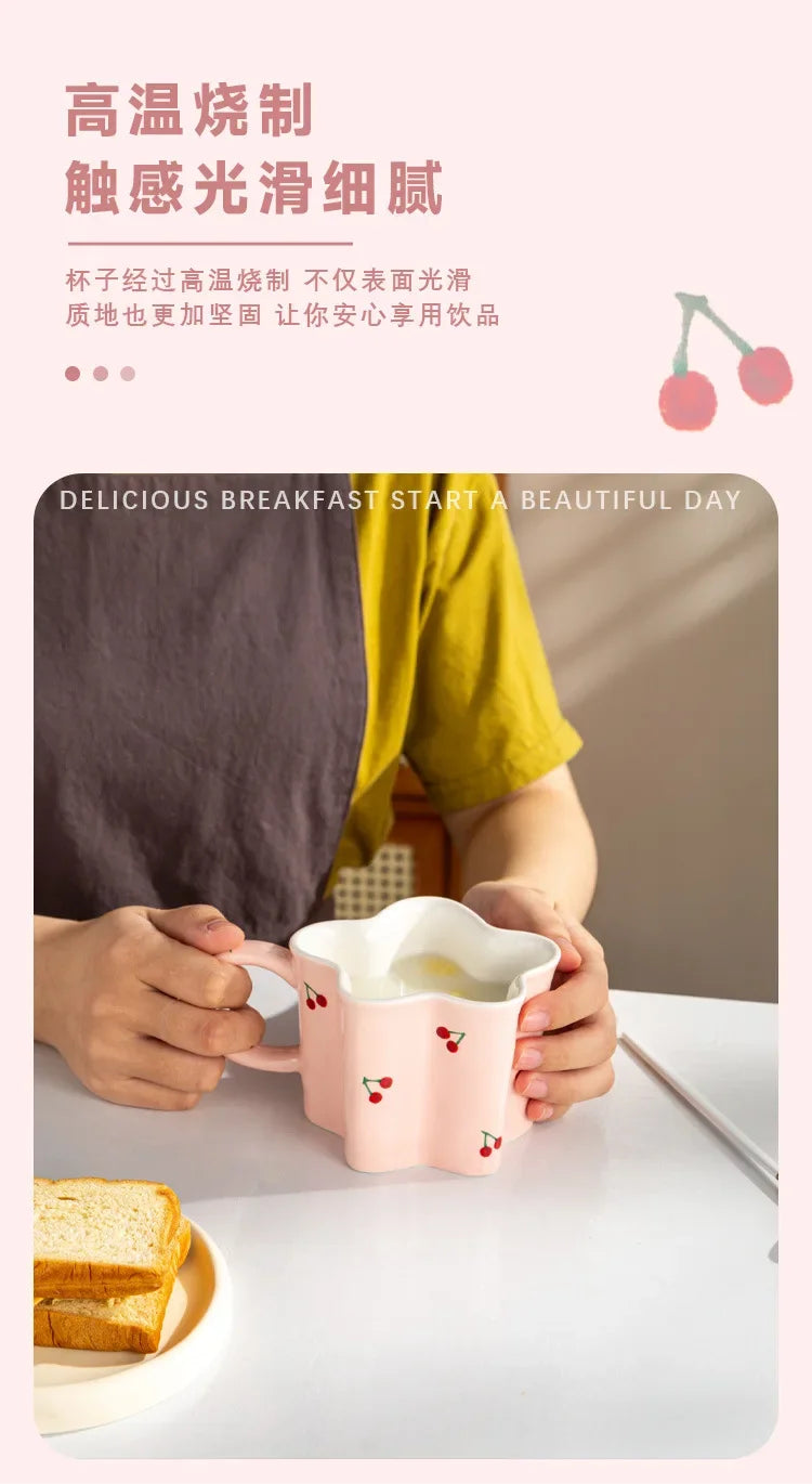 Taza de cereza pintada a mano para niña, vaso de agua Irregular creativo, rosa encantador, tazas de leche de cerámica hechas a mano, tazas de café de porcelana, regalo 2023