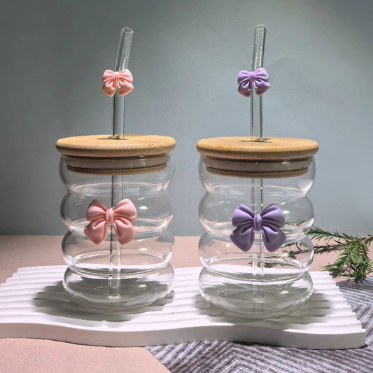 Taza de agua bonita con lazo, vaso de cristal con lazo de dibujos animados, taza de café con garabatos bonitos a rayas, fruta para el hogar, té, limonada, regalo para niñas
