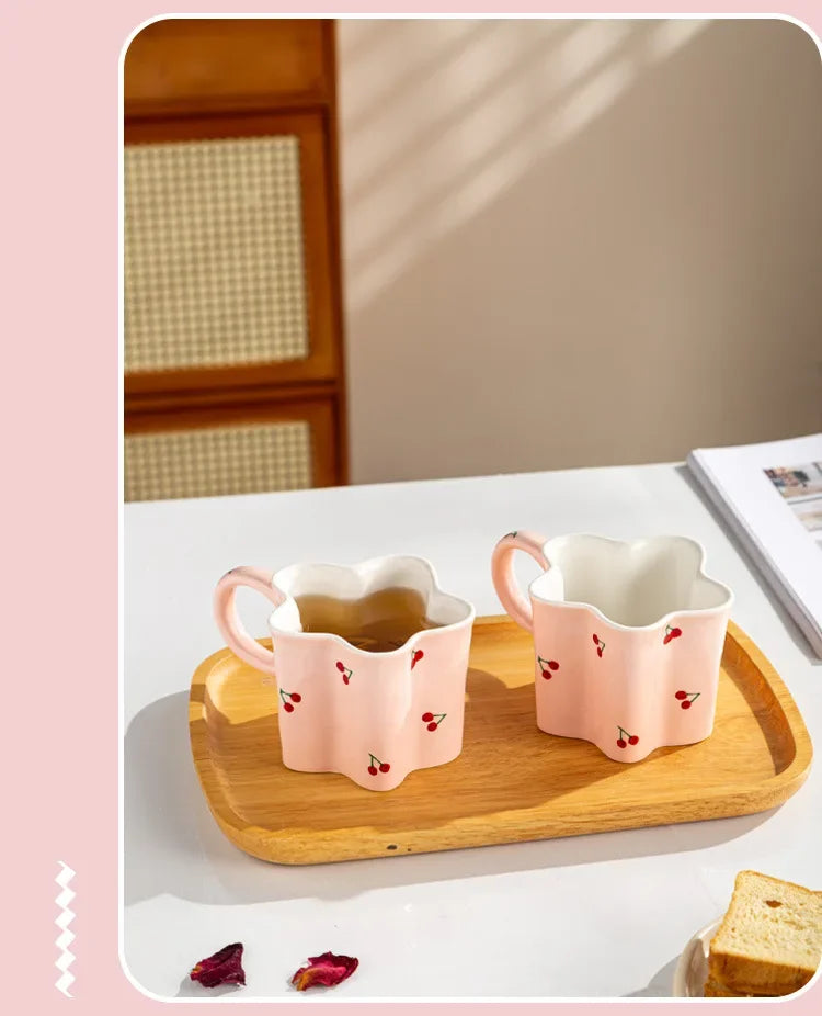 Taza de cereza pintada a mano para niña, vaso de agua Irregular creativo, rosa encantador, tazas de leche de cerámica hechas a mano, tazas de café de porcelana, regalo 2023
