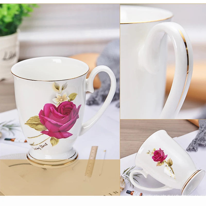 Taza de café de porcelana de hueso, taza de flor de cerámica creativa, exquisita taza de té de la tarde, taza de café, taza de leche de avena para el hogar, regalo de cumpleaños