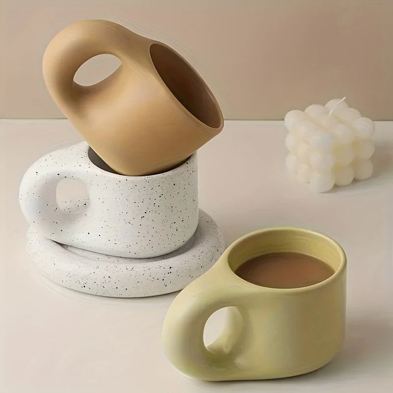 Juego de tazas de café de cerámica de 400ml, platillo con mango grueso, bonito y creativo, para decoración de la Oficina y la habitación del hogar, 1 Juego