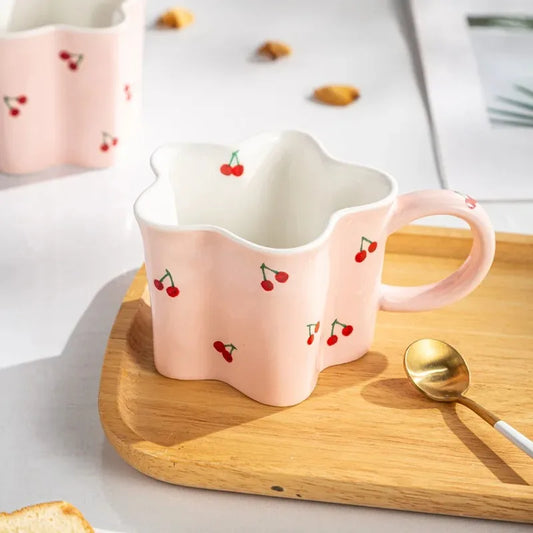 Taza de cereza pintada a mano para niña, vaso de agua Irregular creativo, rosa encantador, tazas de leche de cerámica hechas a mano, tazas de café de porcelana, regalo 2023
