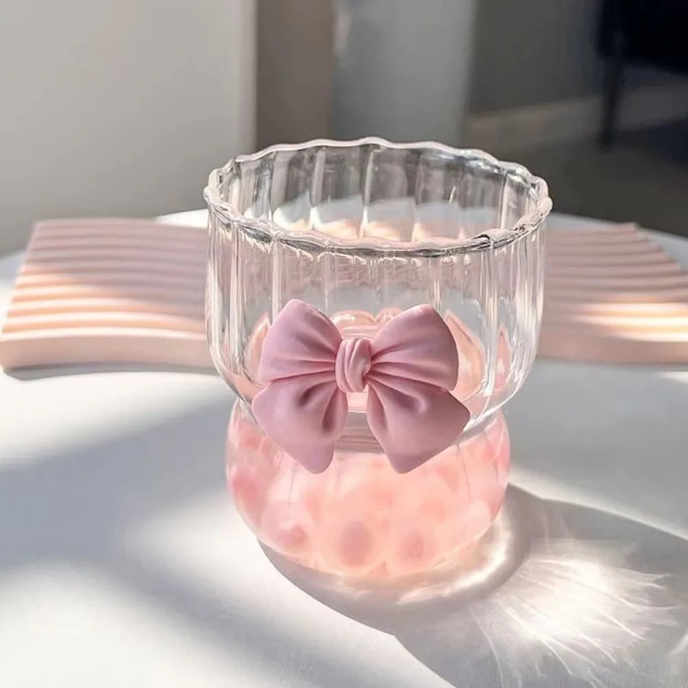 Taza de agua a rayas de gran capacidad con lazo rosa de dibujos animados, vaso con pajita de cristal transparente, regalo para niñas, nueva moda