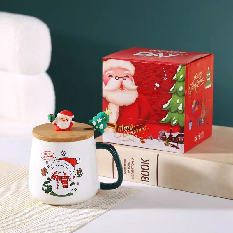 Taza de café de cerámica navideña con tapa y cuchara 3D, lindo regalo de Navidad de reno y muñeco de nieve de Papá Noel para mujeres y hombres, taza de té de cacao caliente