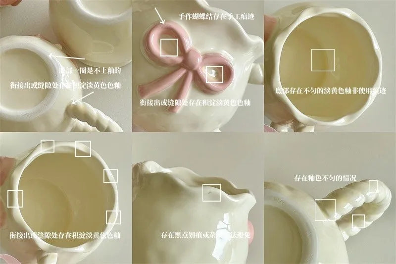 Taza Irregular hecha a mano, taza de café con lazo tridimensional rosa, taza de agua de cerámica de regalo de nicho artístico