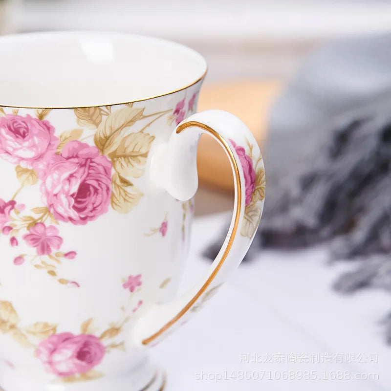 Taza de café de porcelana de hueso, taza de flor de cerámica creativa, exquisita taza de té de la tarde, taza de café, taza de leche de avena para el hogar, regalo de cumpleaños
