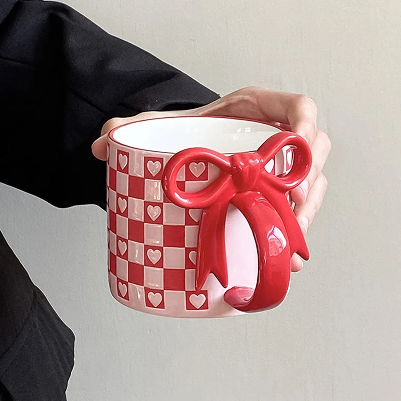 Taza de cerámica con mango de lazo creativo, taza de café con patrón de tablero de ajedrez para decoración del hogar