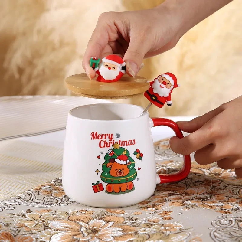 Taza de café de cerámica navideña con tapa y cuchara 3D, lindo regalo de Navidad de reno y muñeco de nieve de Papá Noel para mujeres y hombres, taza de té de cacao caliente