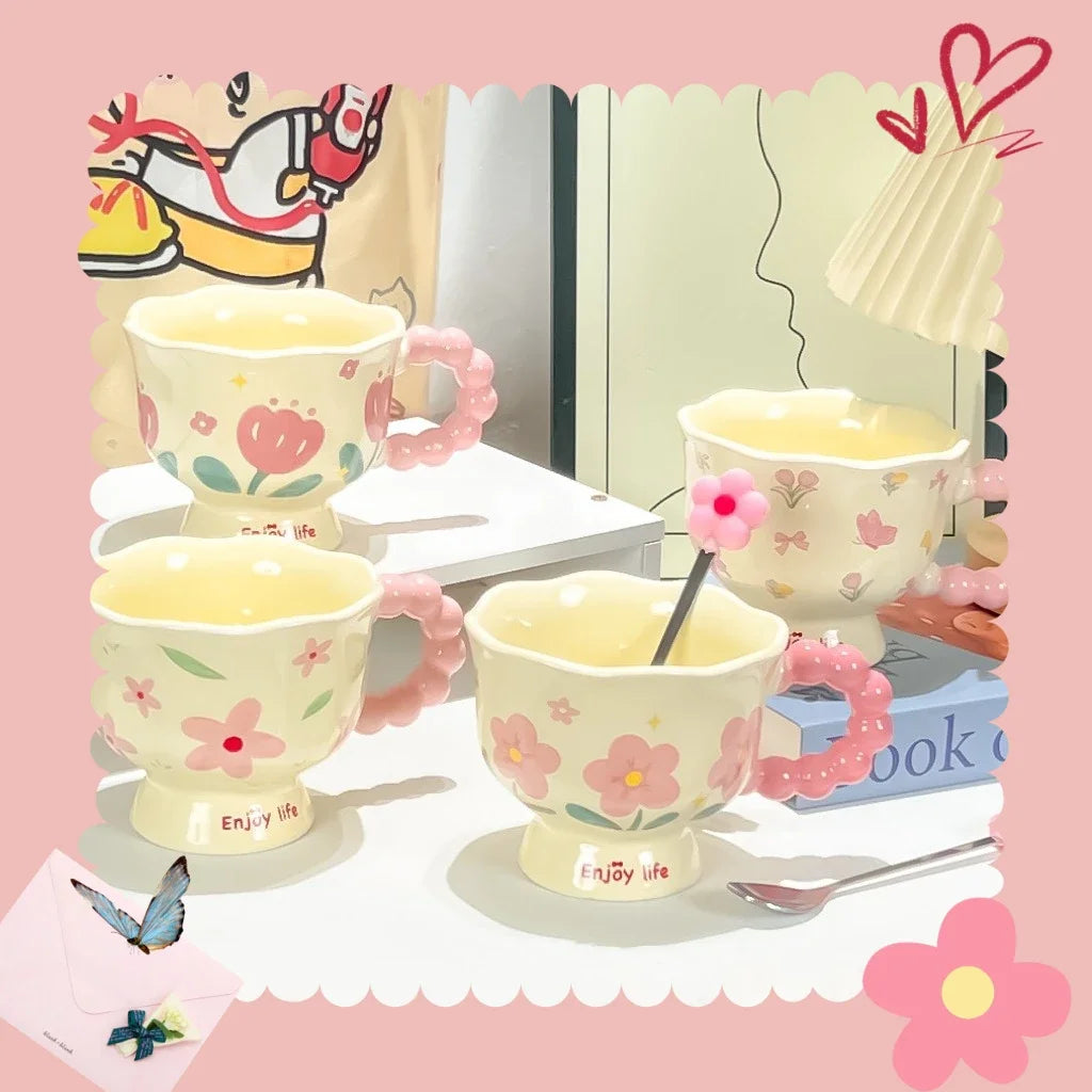 Tazas de café con flores de cerámica de alto valor, tazas de agua creativas aptas para lavavajillas, regalos de cumpleaños para niñas y el hogar
