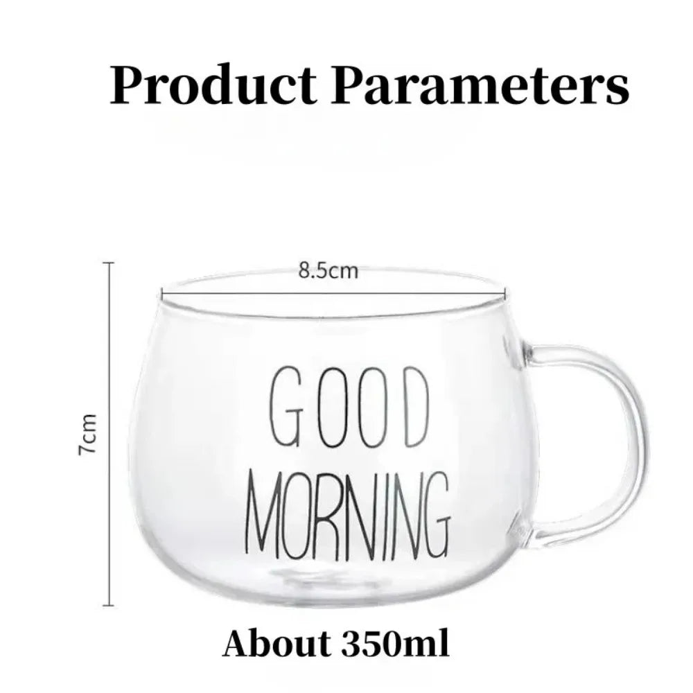 Taza de té y café de cristal creativa, taza con letras impresas de 350ml, bebidas, postre, desayuno, taza de leche, tazas de vidrio con asa, 1 ud.