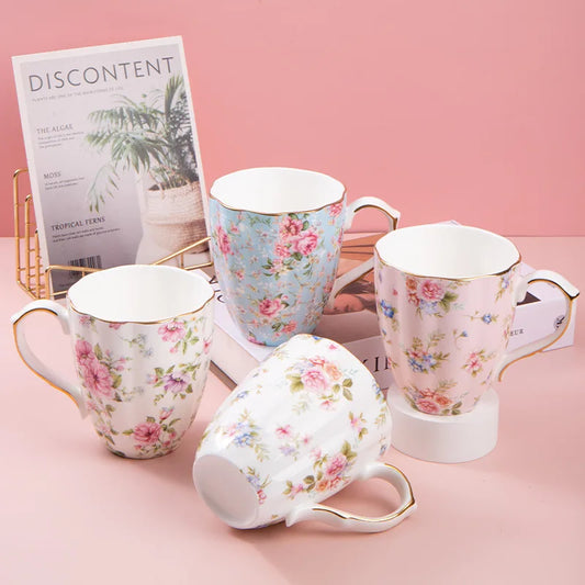 Taza de cerámica para café, leche, bebida Floral, agua, regalo de negocios, hueso creativo, China, taza elegante para el hogar, taza de desayuno para beber