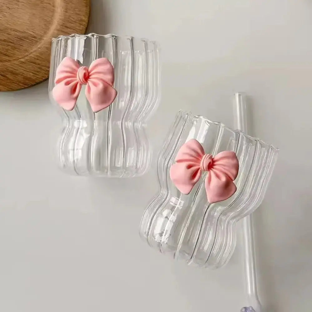 Taza de agua a rayas de gran capacidad con lazo rosa de dibujos animados, vaso con pajita de cristal transparente, regalo para niñas, nueva moda
