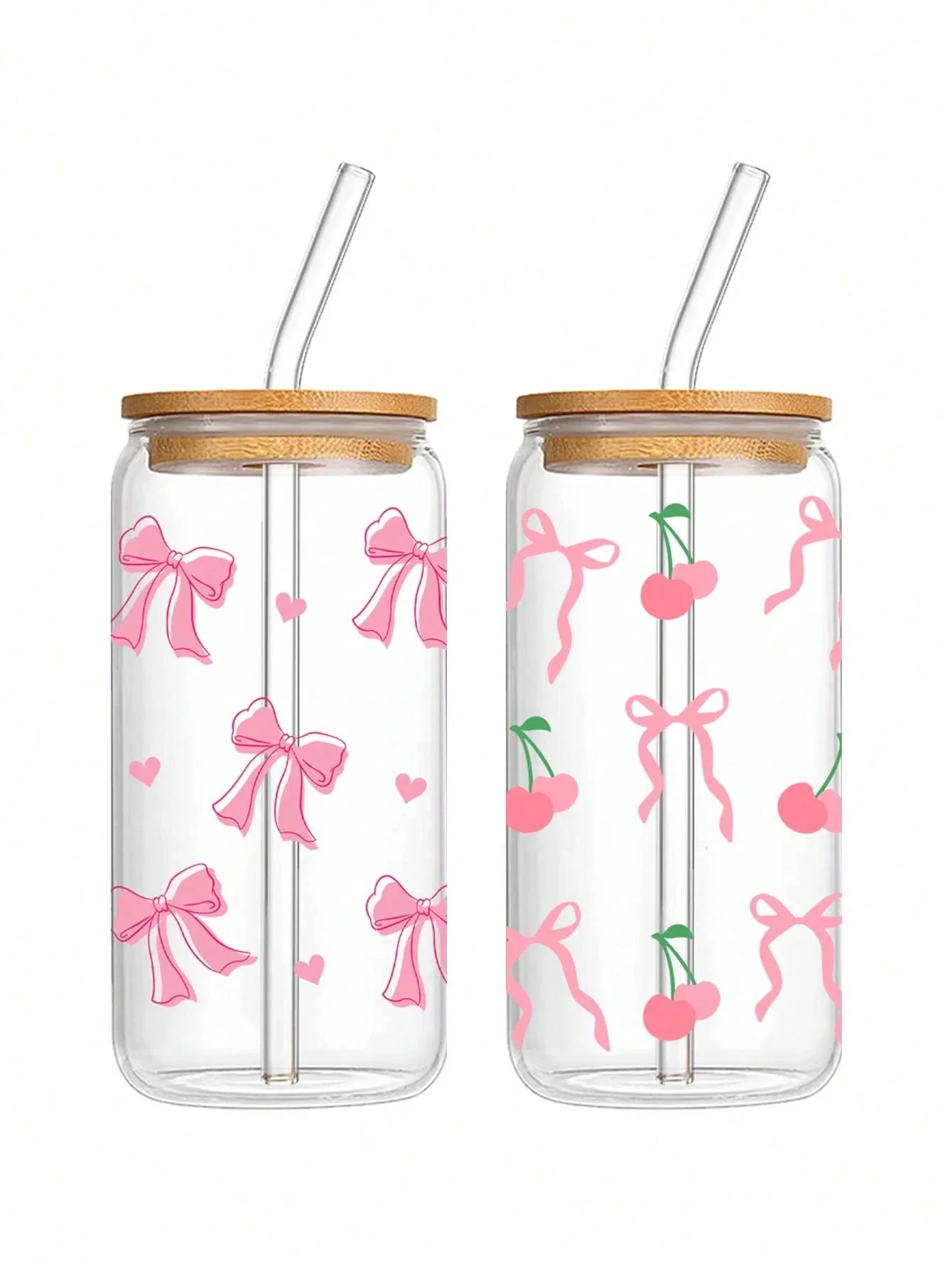 Taza de cristal con lazo bonito de 500ml, botella de agua con diseño de grafiti de cereza y amor navideño con tapa de bambú, tazas de café heladas, regalo de Halloween