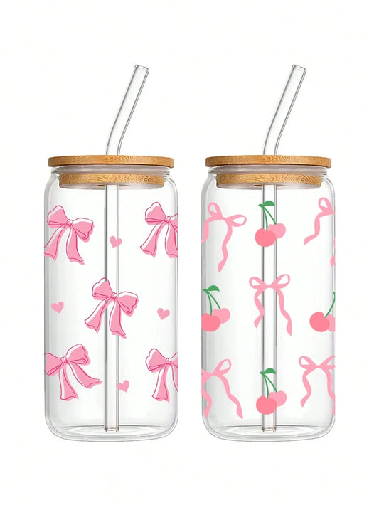 Taza de cristal con lazo bonito de 500ml, botella de agua con diseño de grafiti de cereza y amor navideño con tapa de bambú, tazas de café heladas, regalo de Halloween
