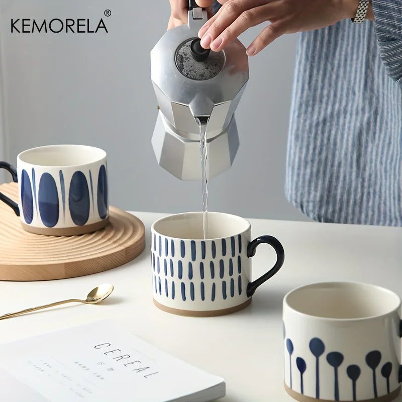 Tazas de café de cerámica pintadas a mano, diseño geométrico azul y blanco, tazas redondas reutilizables seguras para microondas para café, té y avena, 2 uds.