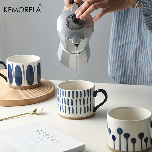 Tazas de café de cerámica pintadas a mano, diseño geométrico azul y blanco, tazas redondas reutilizables seguras para microondas para café, té y avena, 2 uds.