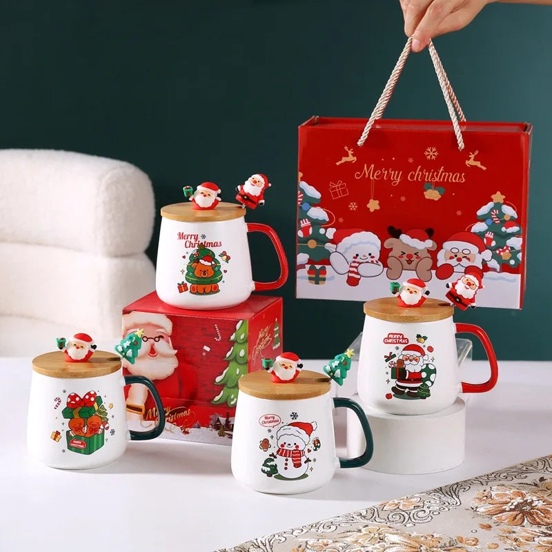 Taza de café de cerámica navideña con tapa y cuchara 3D, lindo regalo de Navidad de reno y muñeco de nieve de Papá Noel para mujeres y hombres, taza de té de cacao caliente