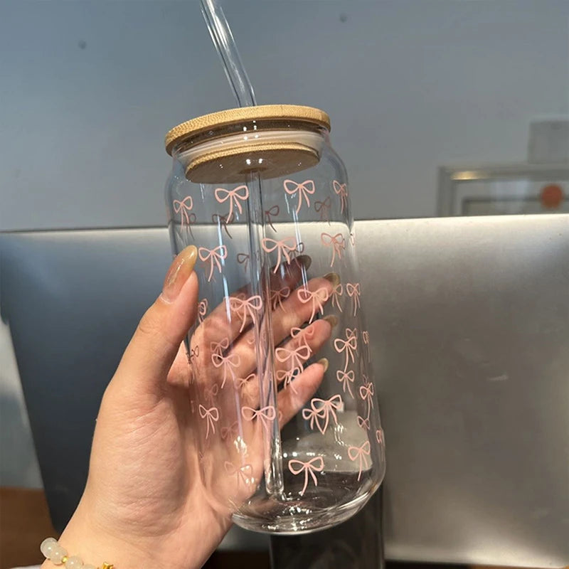 Taza de cristal con lazo rosa para niñas, botella de agua encantadora con tapa de bambú, vasos de café helado, vasos de jugo y bebidas, 500ml, 1 ud.
