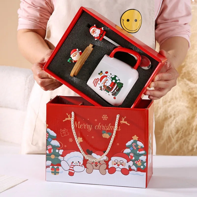 Taza de café de cerámica navideña con tapa y cuchara 3D, lindo regalo de Navidad de reno y muñeco de nieve de Papá Noel para mujeres y hombres, taza de té de cacao caliente