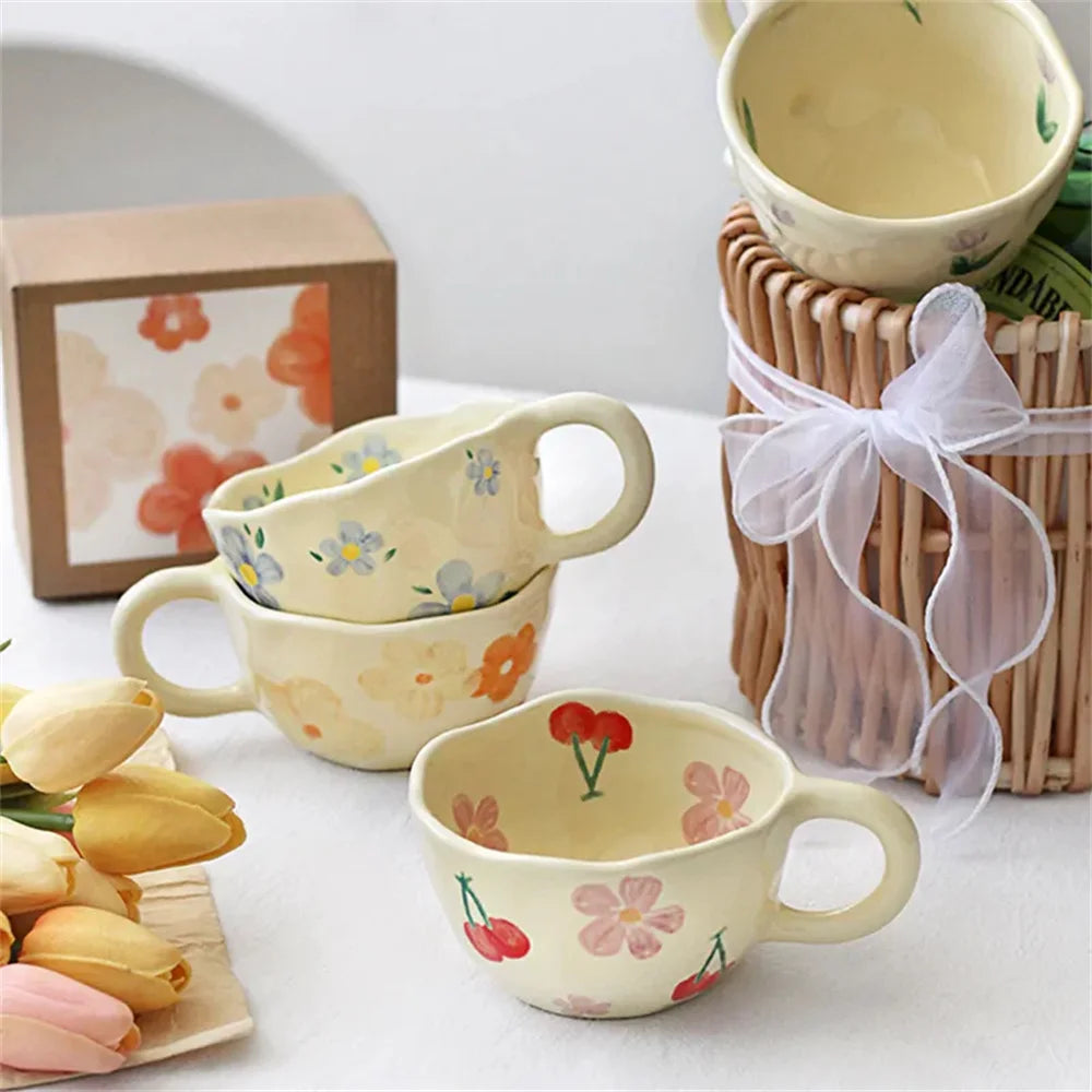 Tazas de cerámica, tazas de café, taza de té de la leche con flores irregulares pellizcadas a mano, taza de desayuno de avena de estilo coreano, vajilla de cocina