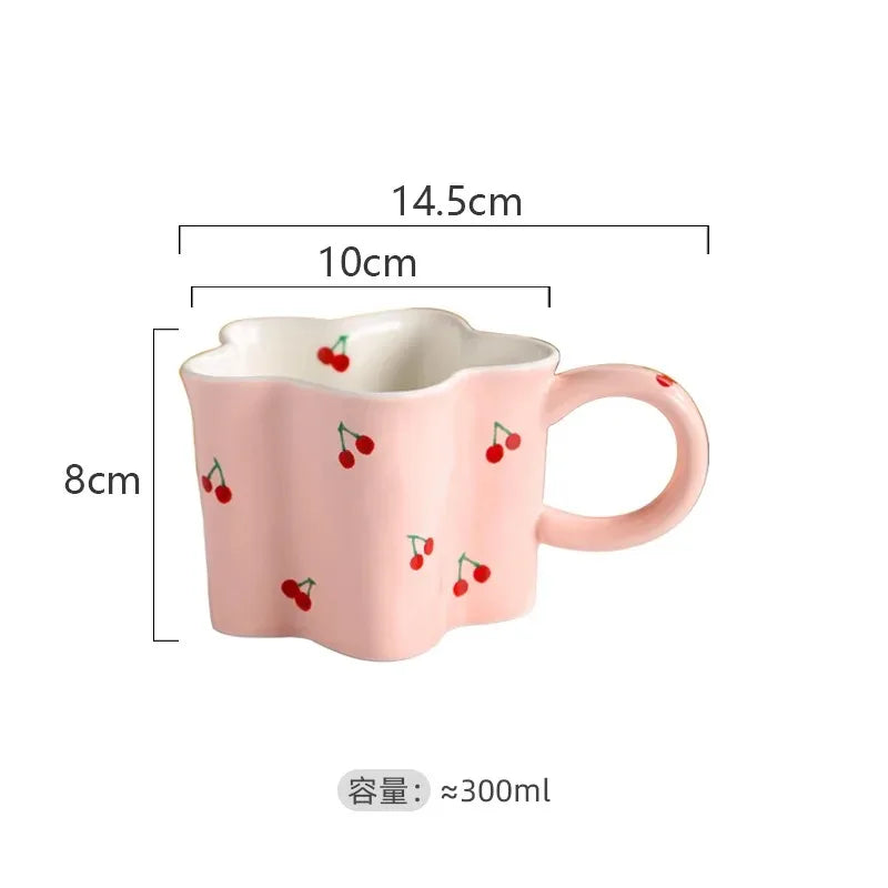 Taza de cereza pintada a mano para niña, vaso de agua Irregular creativo, rosa encantador, tazas de leche de cerámica hechas a mano, tazas de café de porcelana, regalo 2023