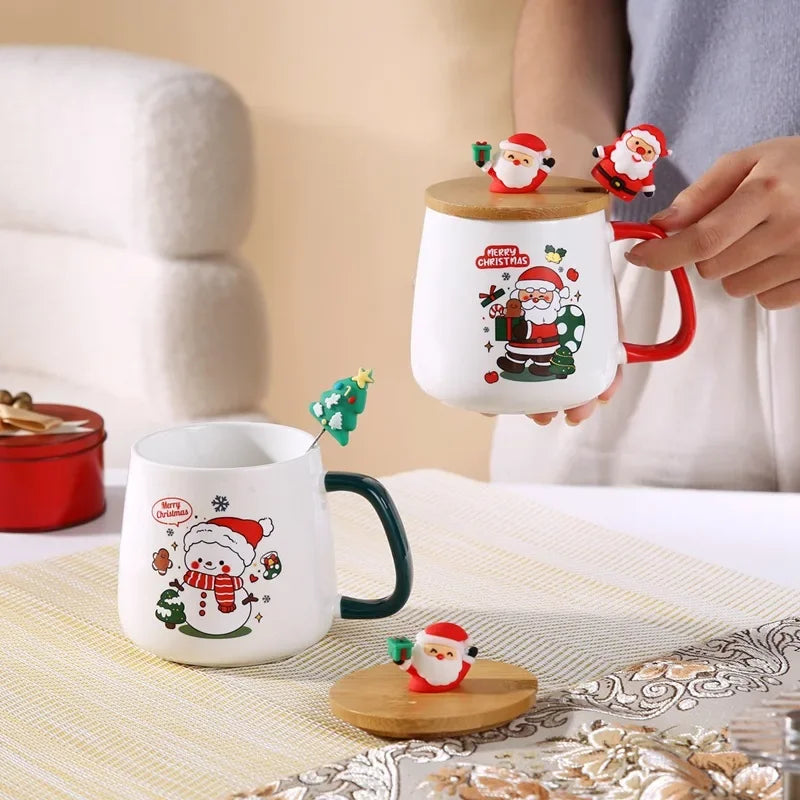 Taza de café de cerámica navideña con tapa y cuchara 3D, lindo regalo de Navidad de reno y muñeco de nieve de Papá Noel para mujeres y hombres, taza de té de cacao caliente