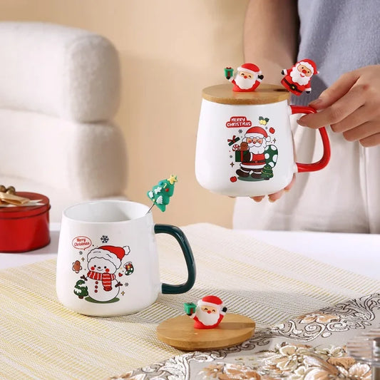 Taza de café de cerámica navideña con tapa y cuchara 3D, lindo regalo de Navidad de reno y muñeco de nieve de Papá Noel para mujeres y hombres, taza de té de cacao caliente
