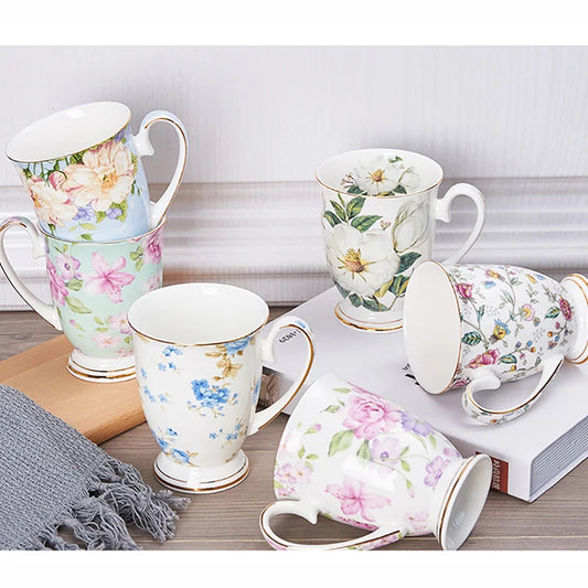 Taza de café de porcelana de hueso, taza de flor de cerámica creativa, exquisita taza de té de la tarde, taza de café, taza de leche de avena para el hogar, regalo de cumpleaños