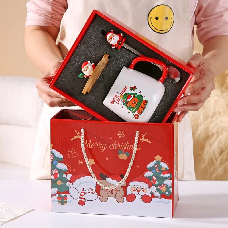 Taza de café de cerámica navideña con tapa y cuchara 3D, lindo regalo de Navidad de reno y muñeco de nieve de Papá Noel para mujeres y hombres, taza de té de cacao caliente