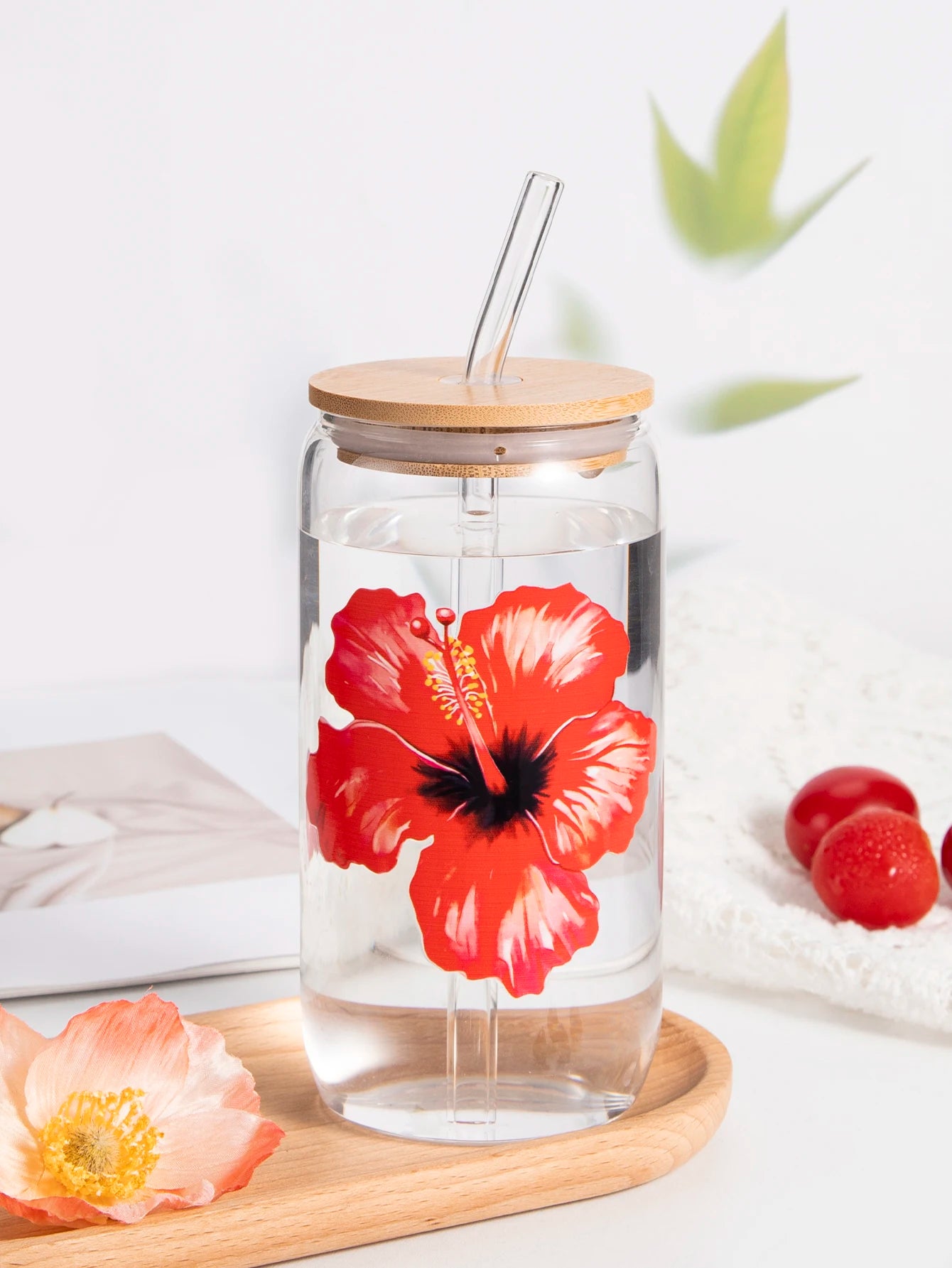 Taza de cristal con lazo bonito de 500ml, botella de agua con diseño de grafiti de cereza de amor, tazas de café con tapas, cepillo de paja, regalo de fiesta del Día de San Valentín