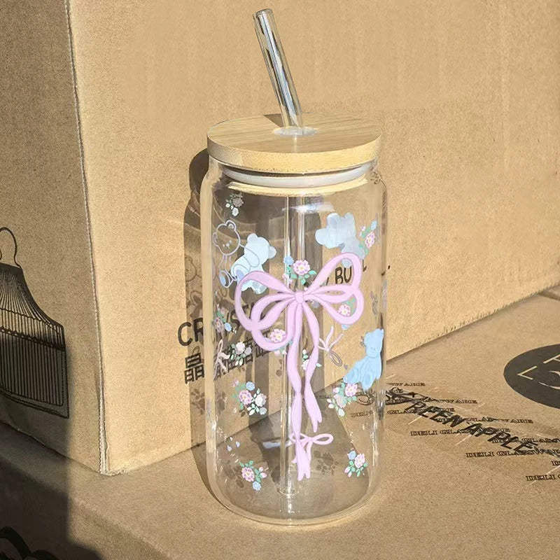 Taza de cristal con lazo rosa para niñas, botella de agua encantadora con tapa de bambú, vasos de café helado, vasos de jugo y bebidas, 500ml, 1 ud.