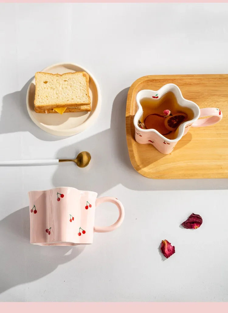 Taza de cereza pintada a mano para niña, vaso de agua Irregular creativo, rosa encantador, tazas de leche de cerámica hechas a mano, tazas de café de porcelana, regalo 2023
