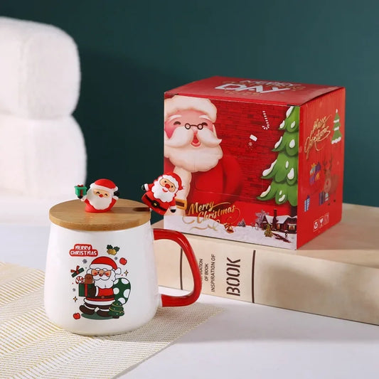 Taza de café de cerámica navideña con tapa y cuchara 3D, lindo regalo de Navidad de reno y muñeco de nieve de Papá Noel para mujeres y hombres, taza de té de cacao caliente