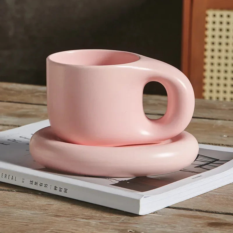 Juego de tazas de café de cerámica de 400ml, platillo con mango grueso, bonito y creativo, para decoración de la Oficina y la habitación del hogar, 1 Juego