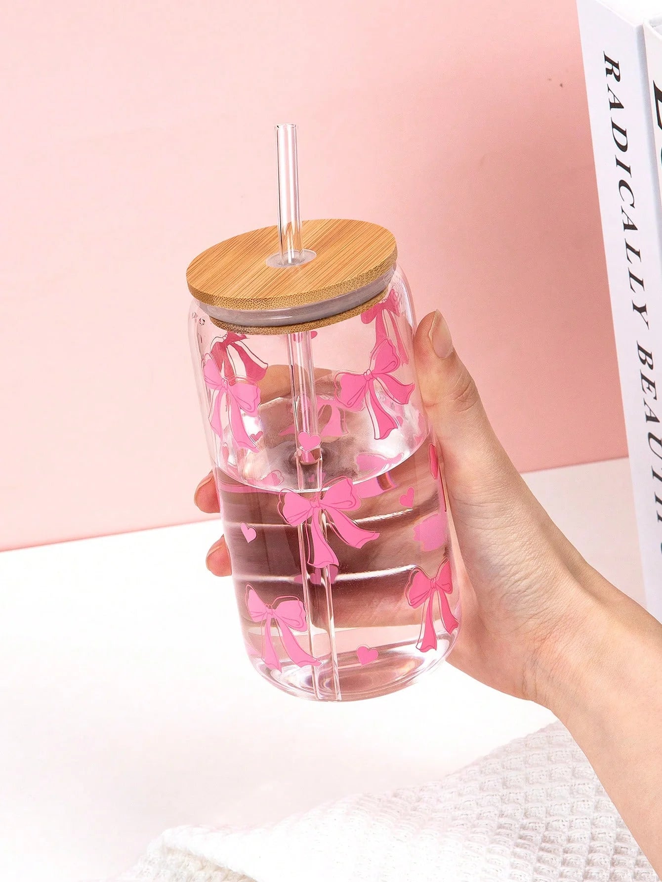 Taza de cristal con lazo bonito de 500ml, botella de agua con diseño de grafiti de cereza y amor navideño con tapa de bambú, tazas de café heladas, regalo de Halloween