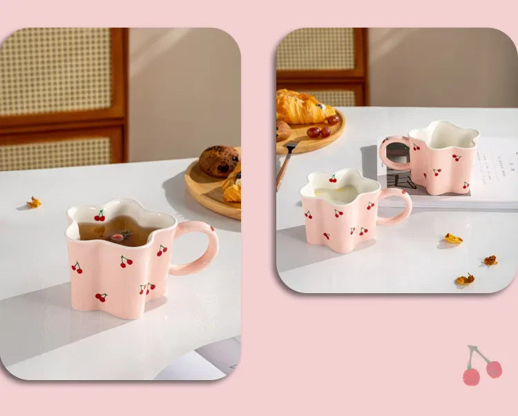 Taza de cereza pintada a mano para niña, vaso de agua Irregular creativo, rosa encantador, tazas de leche de cerámica hechas a mano, tazas de café de porcelana, regalo 2023