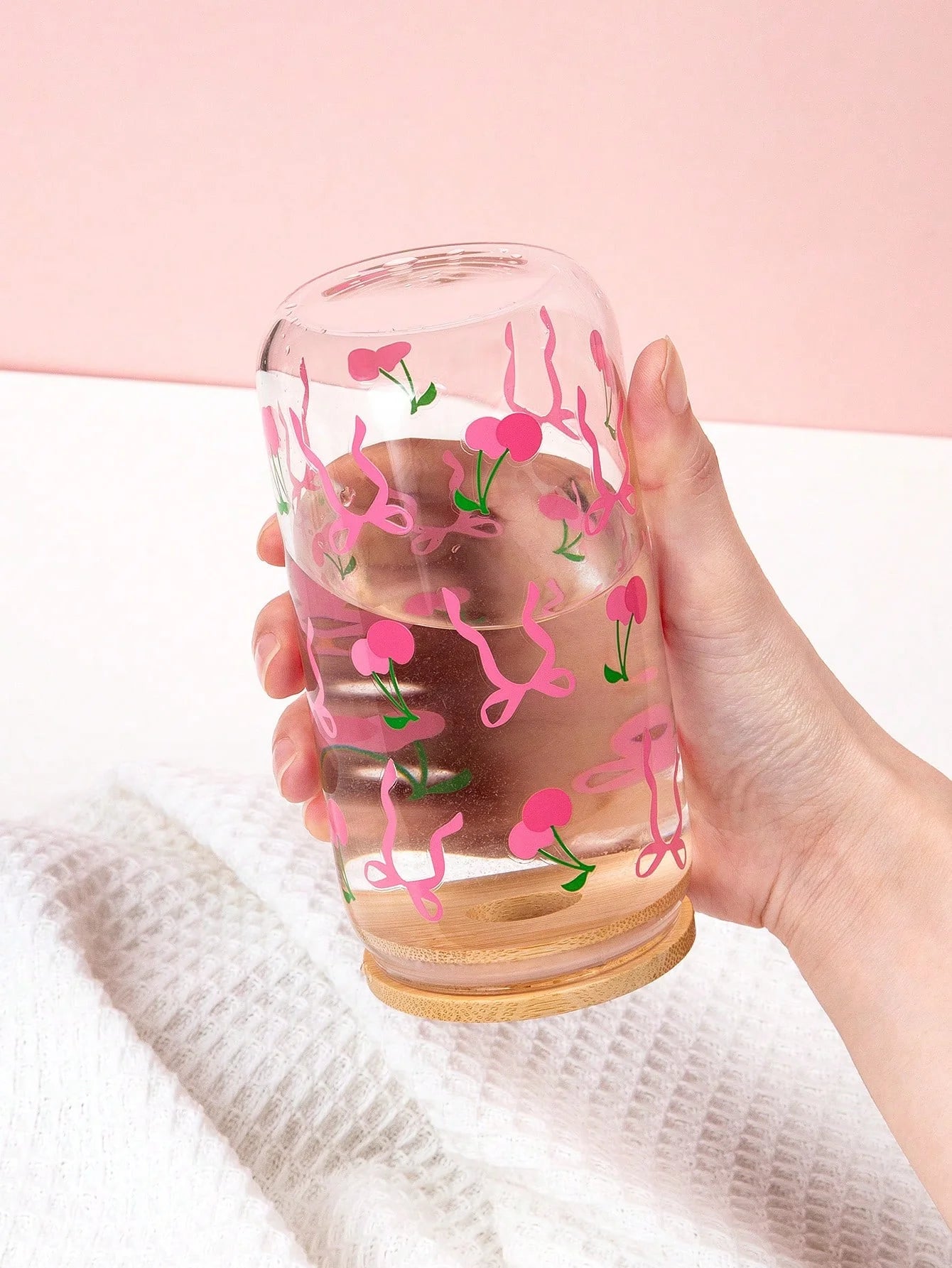 Taza de cristal con lazo bonito de 500ml, botella de agua con diseño de grafiti de cereza y amor navideño con tapa de bambú, tazas de café heladas, regalo de Halloween