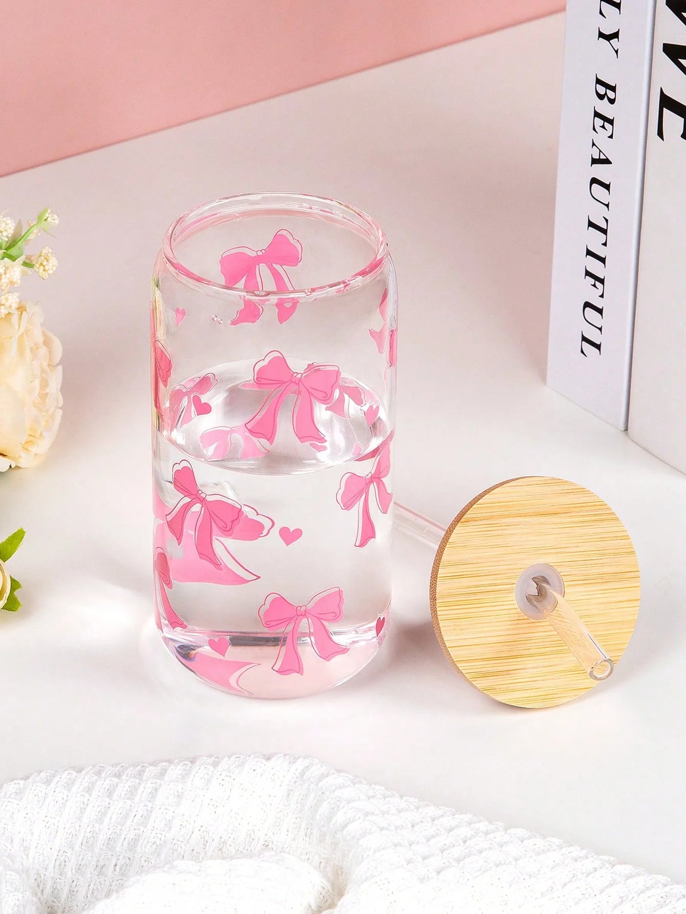 Taza de cristal con lazo bonito de 500ml, botella de agua con diseño de grafiti de cereza y amor navideño con tapa de bambú, tazas de café heladas, regalo de Halloween