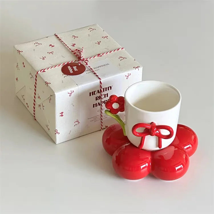 Taza Irregular hecha a mano, taza de café con lazo tridimensional rosa, taza de agua de cerámica de regalo de nicho artístico