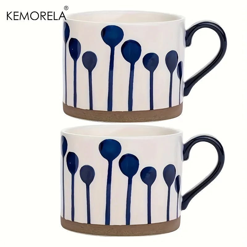 Tazas de café de cerámica pintadas a mano, diseño geométrico azul y blanco, tazas redondas reutilizables seguras para microondas para café, té y avena, 2 uds.