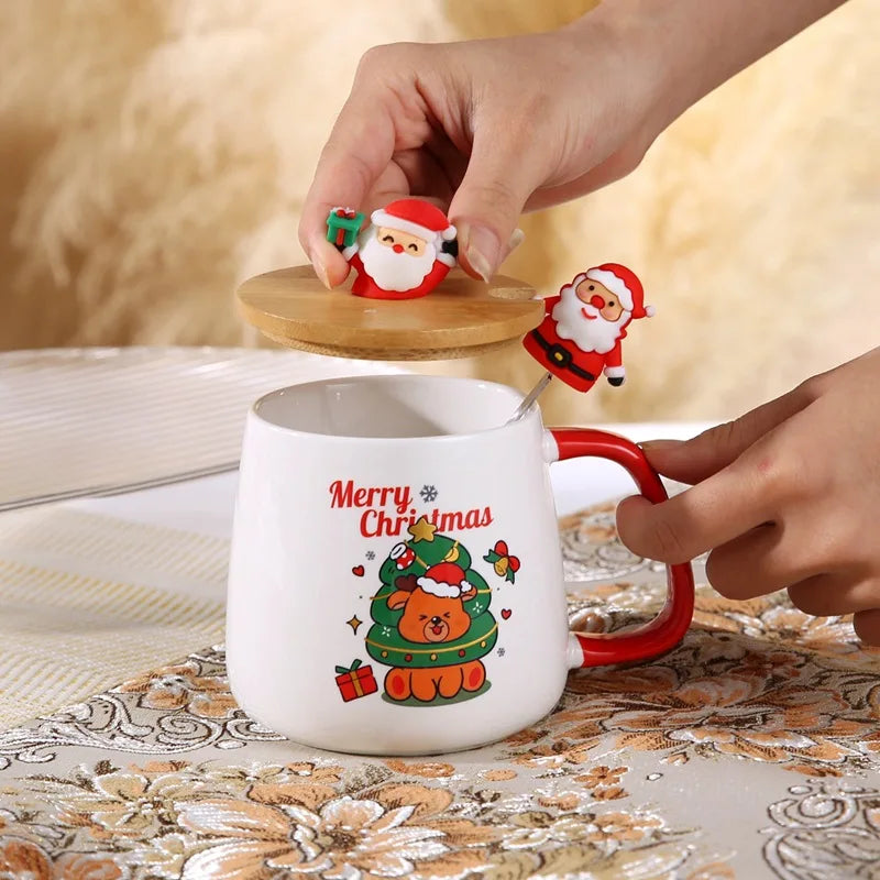 Taza de café de cerámica navideña con tapa y cuchara 3D, lindo regalo de Navidad de reno y muñeco de nieve de Papá Noel para mujeres y hombres, taza de té de cacao caliente