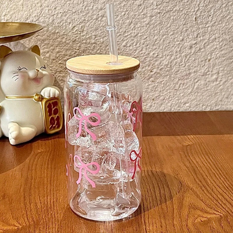 Taza de cristal con lazo rosa para niñas, botella de agua encantadora con tapa de bambú, vasos de café helado, vasos de jugo y bebidas, 500ml, 1 ud.