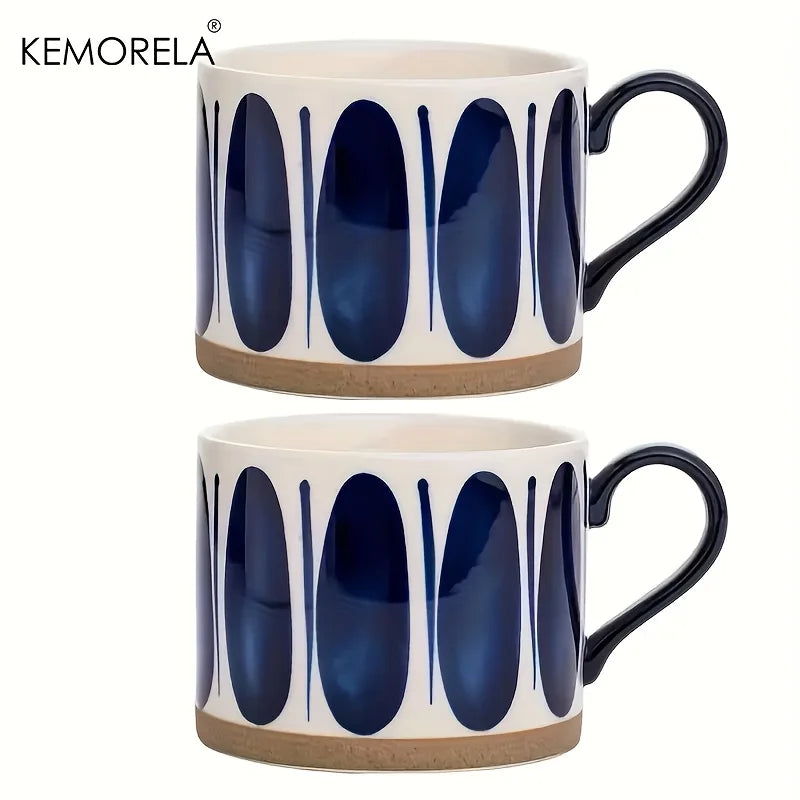 Tazas de café de cerámica pintadas a mano, diseño geométrico azul y blanco, tazas redondas reutilizables seguras para microondas para café, té y avena, 2 uds.