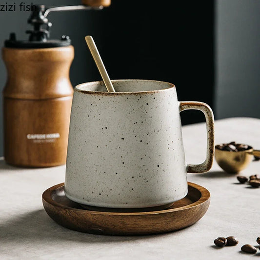 Taza de cerámica creativa Retro, posavasos de madera, taza de café de oficina, taza de bebida, taza de leche, taza de pareja para el hogar, tazas de agua, tazas de té